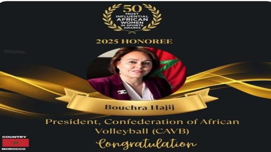 تم اختيار بشرى حجيج، رئيسة الكونفدرالية الإفريقية للكرة الطائرة ونائبة رئيس الاتحاد الدولي للعبة، ضمن قائمة “50 من أكثر النساء الإفريقيات تأثيرًا في الرياضة لعام 2025”، الصادرة عن Africa Sports Ventures Group. ويعكس هذا التتويج دورها القيادي في تطوير الكرة الطائرة بالقارة، وتعزيز حضور المرأة في هياكل التسيير الرياضي. وتضم القائمة أسماء بارزة مثل كيرستي كوفنتري، فاطمة سامورا، وكلير أكانمانزي، إلى جانب رياضيات عالميات. هذا التقدير الدولي يرسخ مكانة المرأة المغربية في المشهد الرياضي القاري